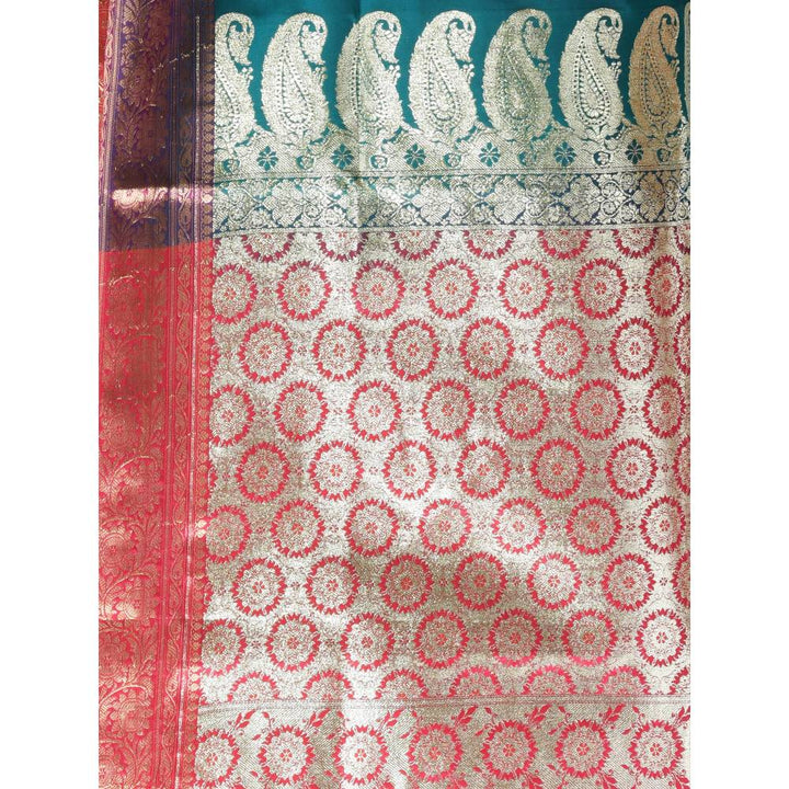 CHARUKRITI Teal Embroidered Motifs Silk Saree with Zari Borders with Unstitched Blouse