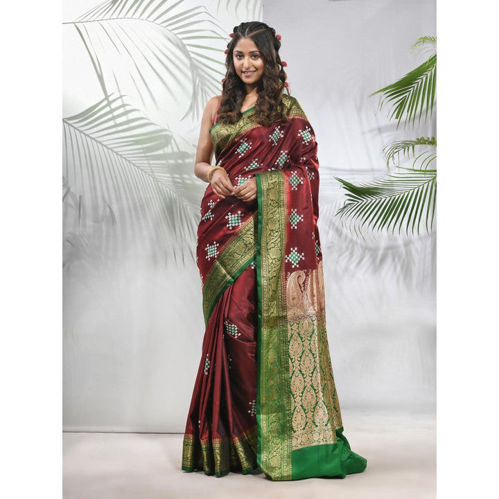 CHARUKRITI Maroon Embroidered Motifs Silk Saree with Zari Borders with Unstitched Blouse