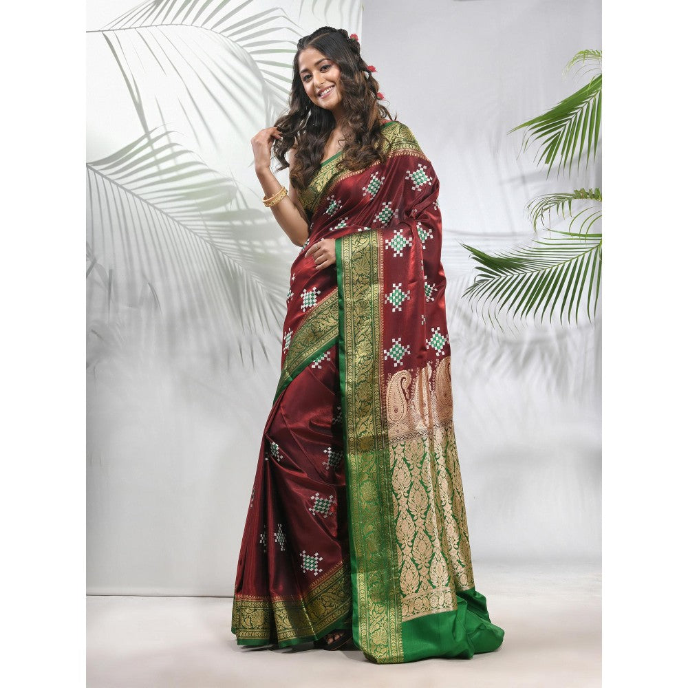 CHARUKRITI Maroon Embroidered Motifs Silk Saree with Zari Borders with Unstitched Blouse