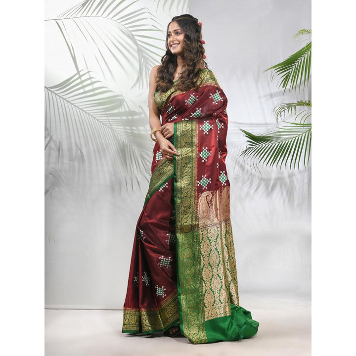 CHARUKRITI Maroon Embroidered Motifs Silk Saree with Zari Borders with Unstitched Blouse