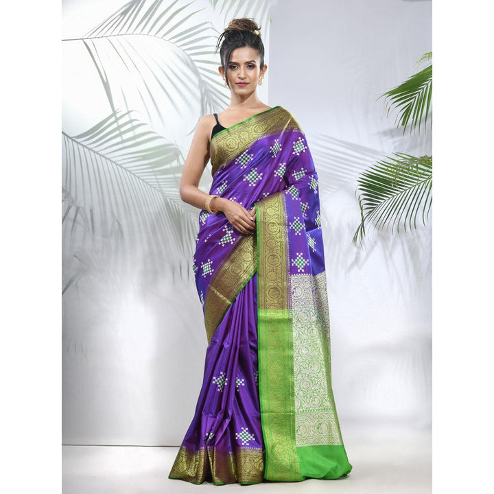 CHARUKRITI Violet Embroidered Motifs Silk Saree with Zari Borders with Unstitched Blouse