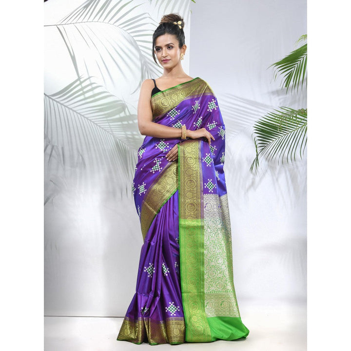 CHARUKRITI Violet Embroidered Motifs Silk Saree with Zari Borders with Unstitched Blouse