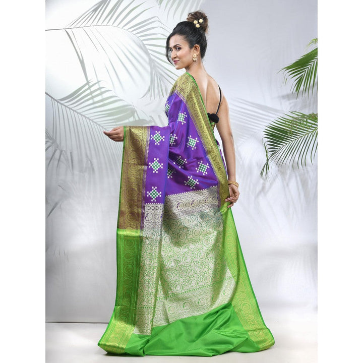 CHARUKRITI Violet Embroidered Motifs Silk Saree with Zari Borders with Unstitched Blouse