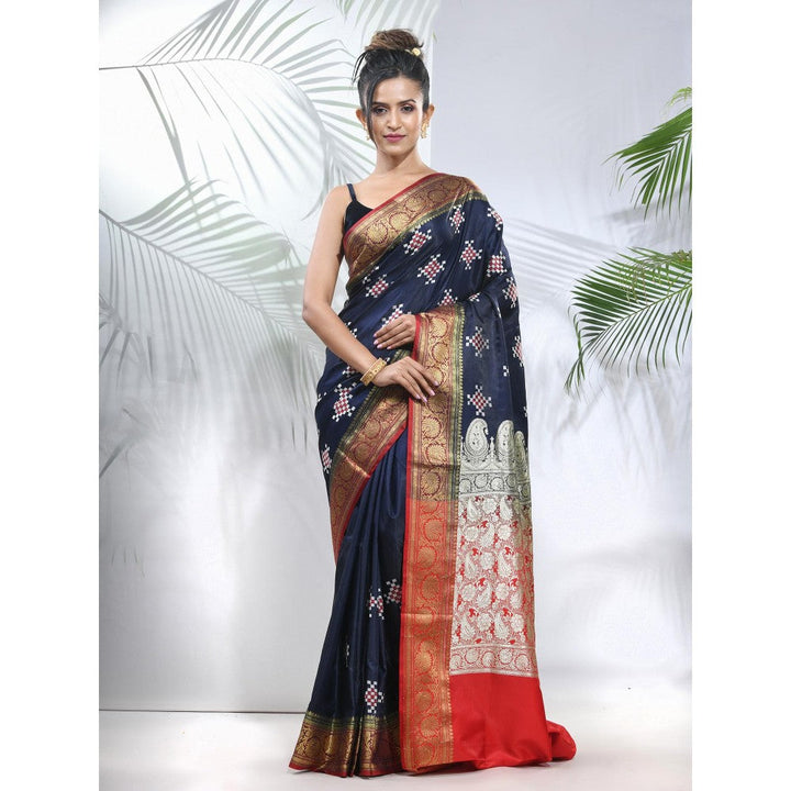 CHARUKRITI Navy Blue Embroidered Motifs Silk Saree with Zari Borders with Unstitched Blouse