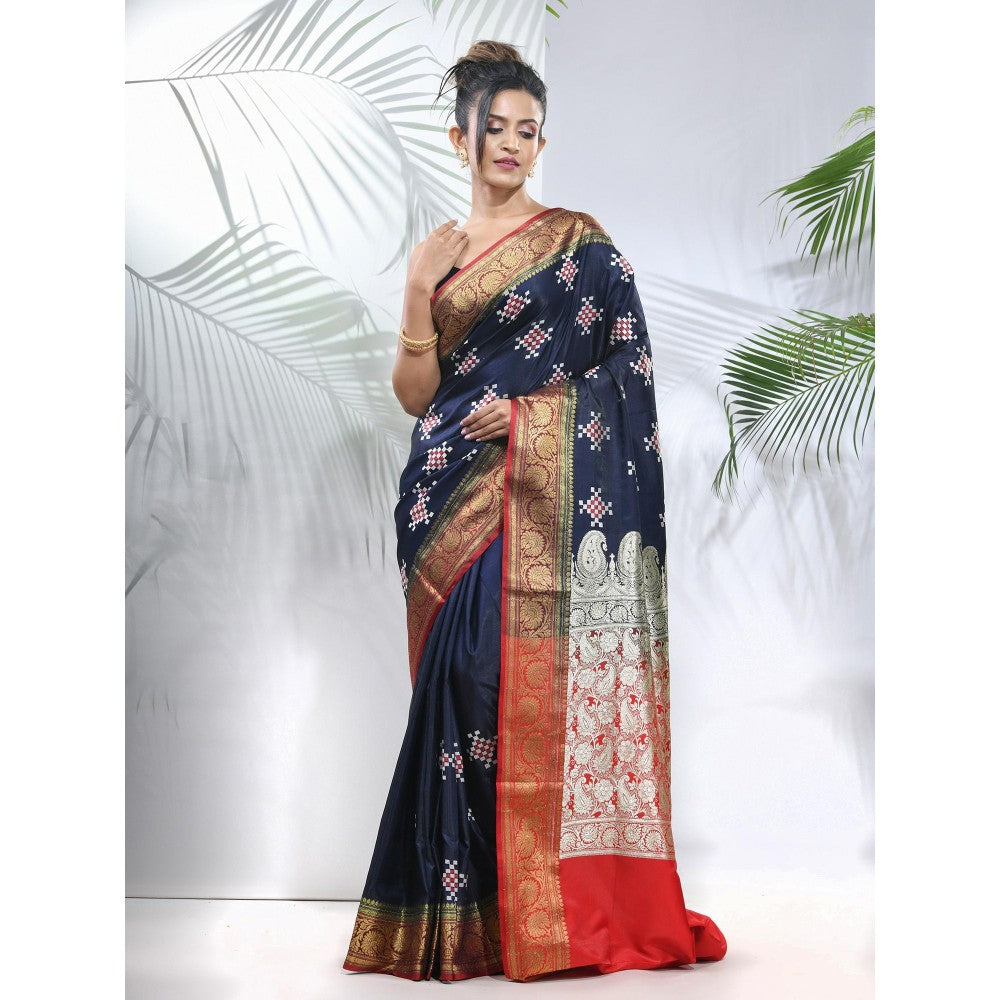 CHARUKRITI Navy Blue Embroidered Motifs Silk Saree with Zari Borders with Unstitched Blouse