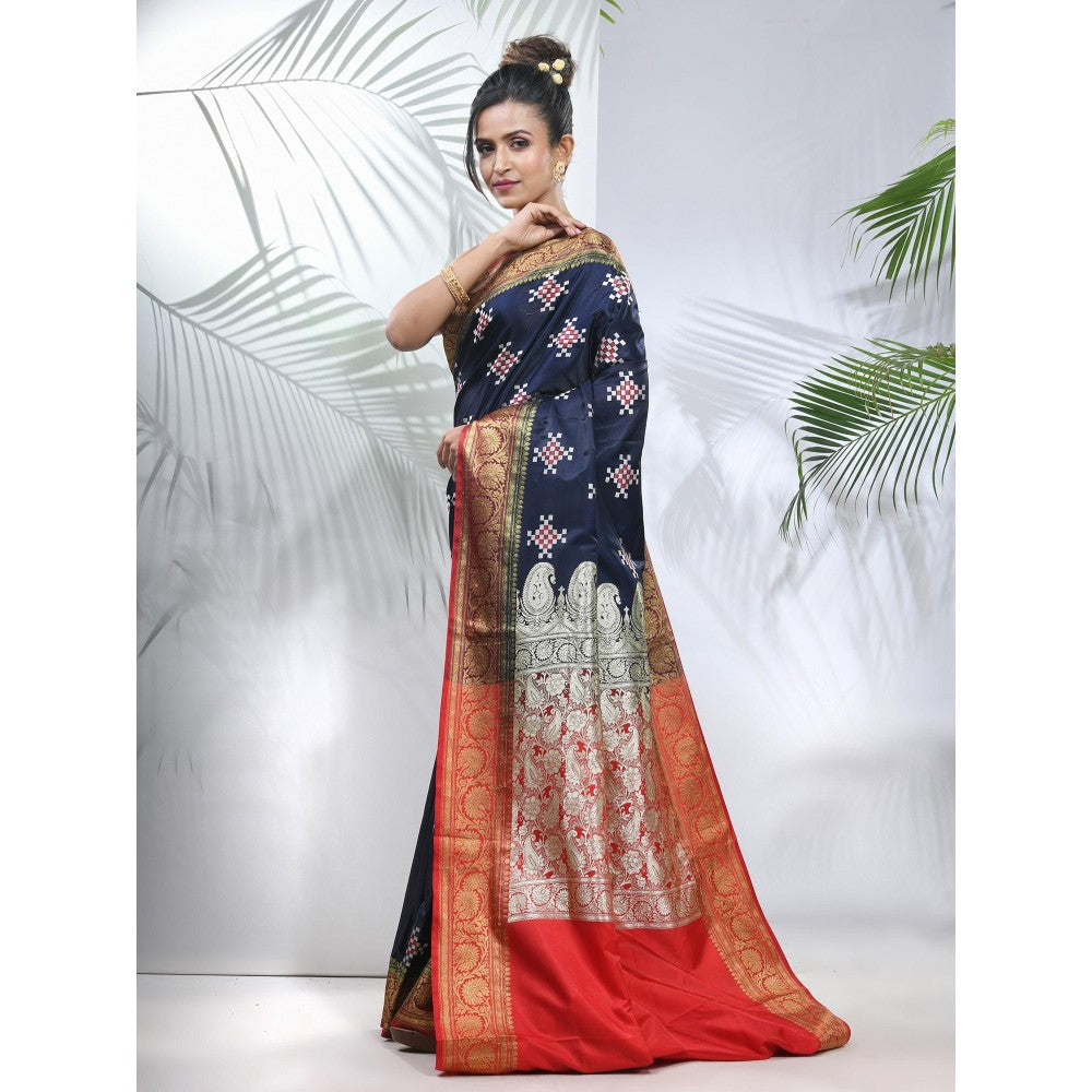 CHARUKRITI Navy Blue Embroidered Motifs Silk Saree with Zari Borders with Unstitched Blouse