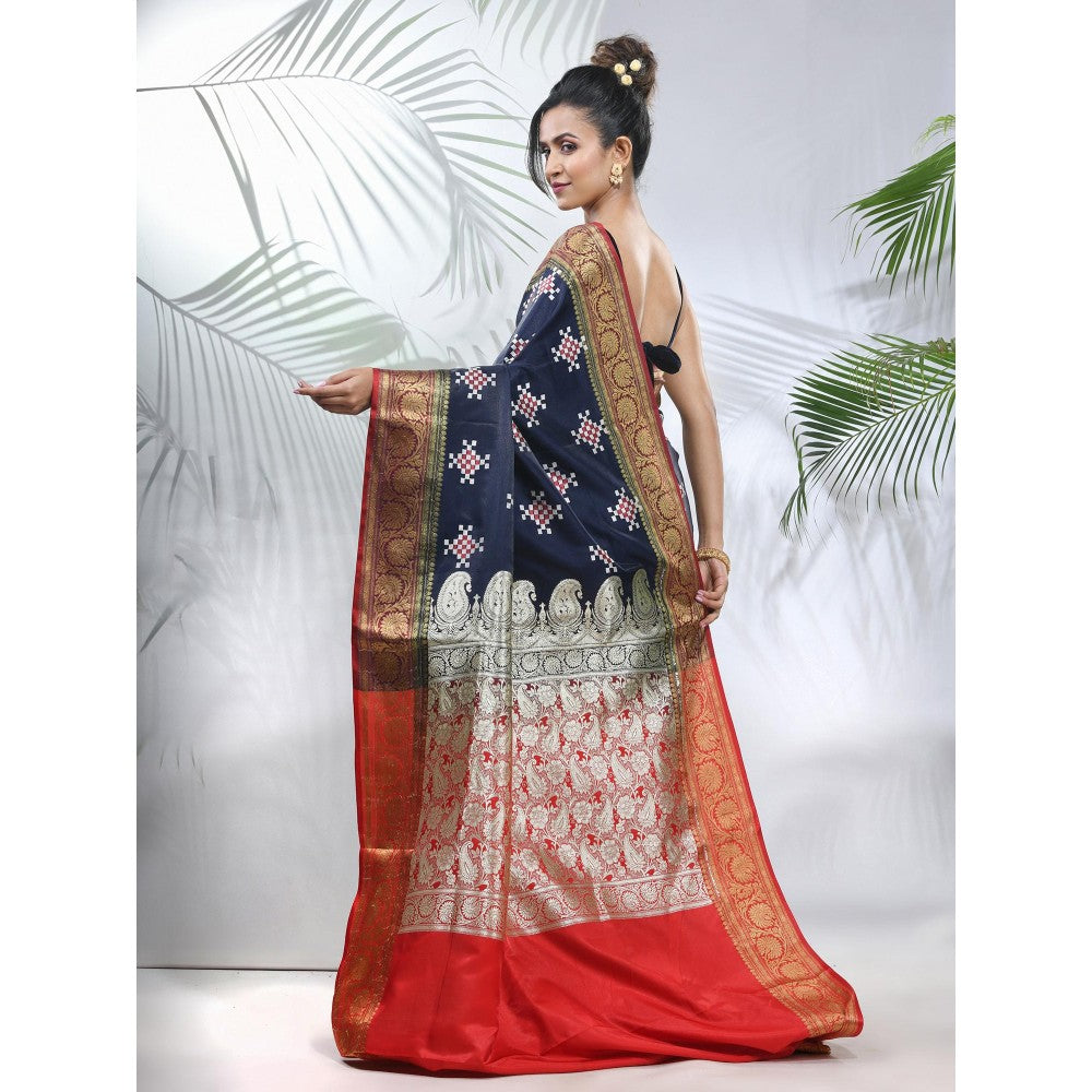 CHARUKRITI Navy Blue Embroidered Motifs Silk Saree with Zari Borders with Unstitched Blouse