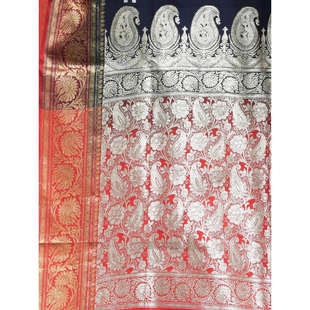 CHARUKRITI Navy Blue Embroidered Motifs Silk Saree with Zari Borders with Unstitched Blouse