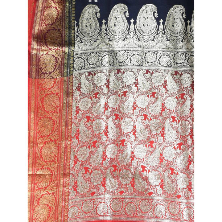 CHARUKRITI Navy Blue Embroidered Motifs Silk Saree with Zari Borders with Unstitched Blouse