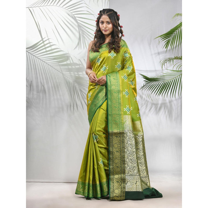 CHARUKRITI Parrot Green Embroidered Motifs Silk Saree with Zari Borders with Unstitched Blouse