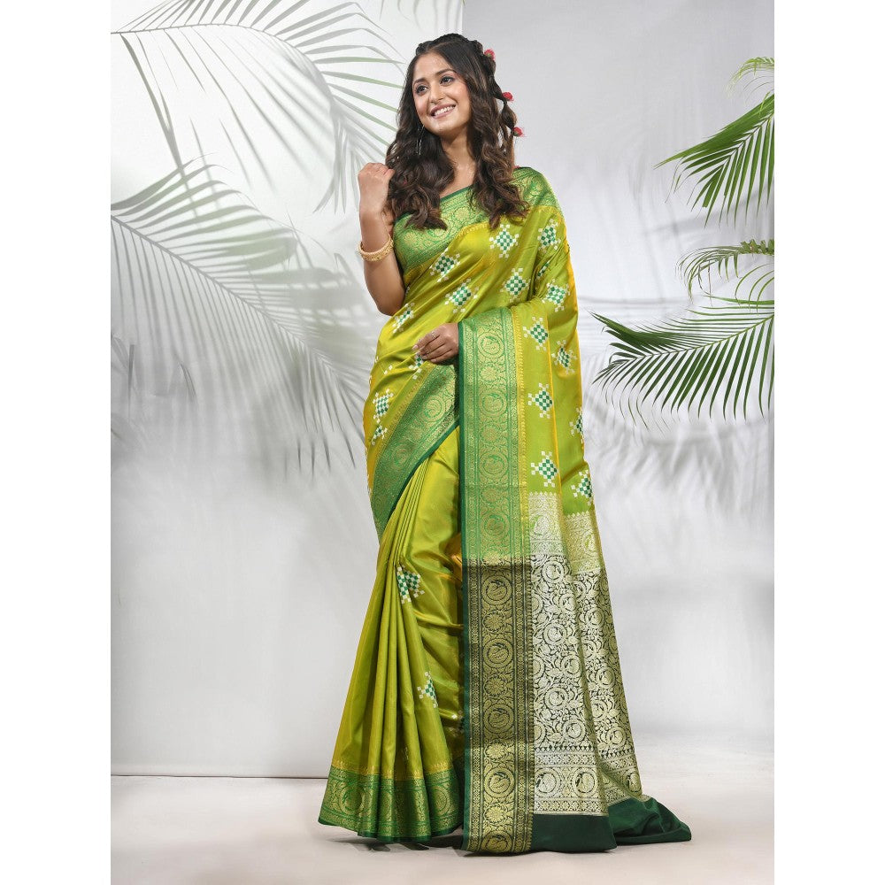 CHARUKRITI Parrot Green Embroidered Motifs Silk Saree with Zari Borders with Unstitched Blouse