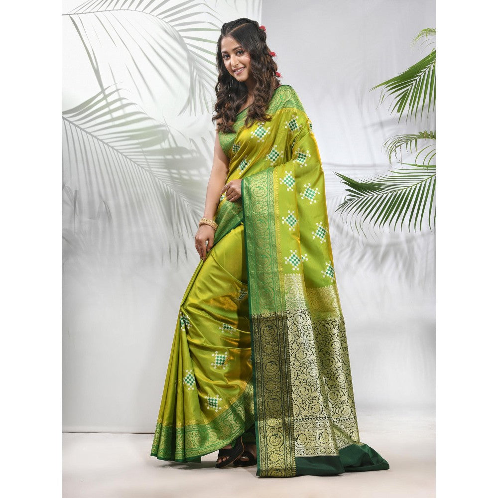 CHARUKRITI Parrot Green Embroidered Motifs Silk Saree with Zari Borders with Unstitched Blouse