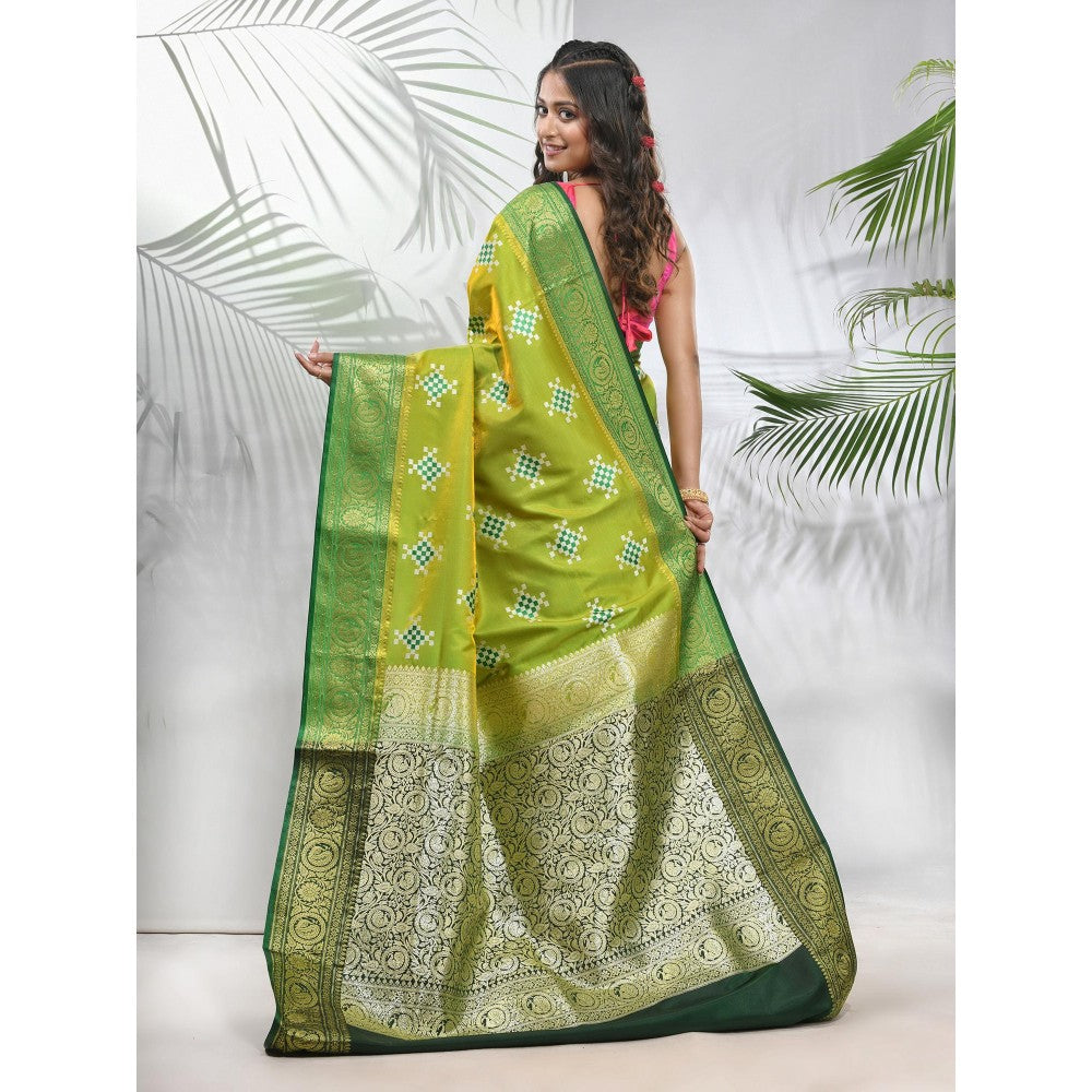 CHARUKRITI Parrot Green Embroidered Motifs Silk Saree with Zari Borders with Unstitched Blouse