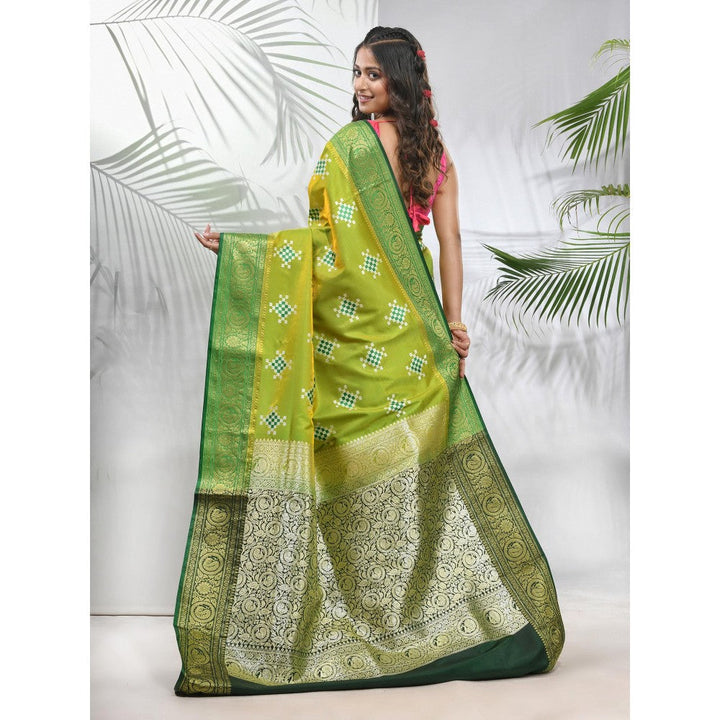 CHARUKRITI Parrot Green Embroidered Motifs Silk Saree with Zari Borders with Unstitched Blouse