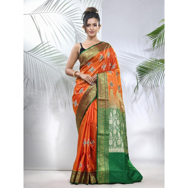 CHARUKRITI Orange Embroidered Motifs Silk Saree with Zari Borders with Unstitched Blouse