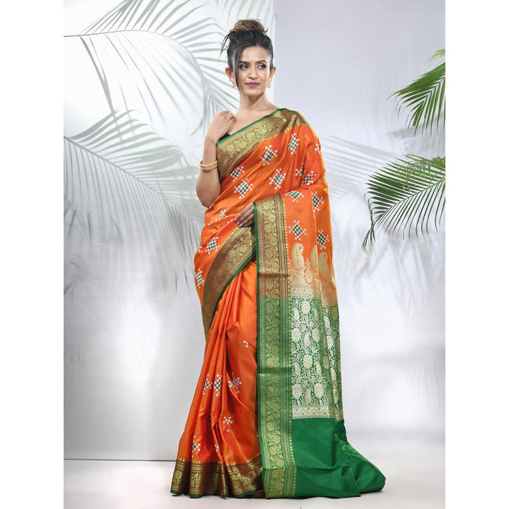 CHARUKRITI Orange Embroidered Motifs Silk Saree with Zari Borders with Unstitched Blouse