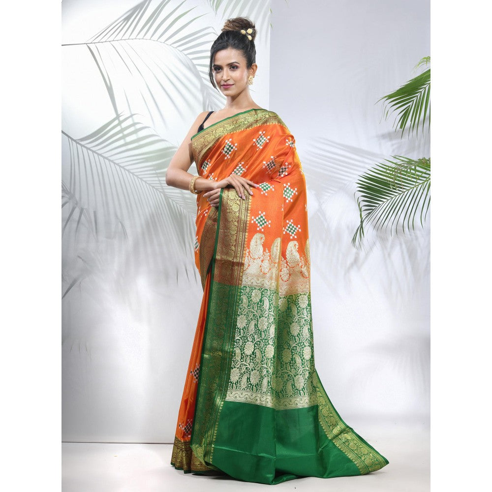 CHARUKRITI Orange Embroidered Motifs Silk Saree with Zari Borders with Unstitched Blouse