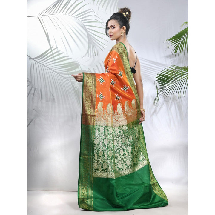 CHARUKRITI Orange Embroidered Motifs Silk Saree with Zari Borders with Unstitched Blouse