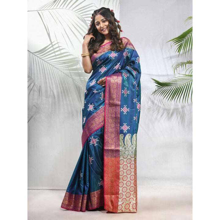 CHARUKRITI Teal Embroidered Motifs Silk Saree with Zari Borders with Unstitched Blouse