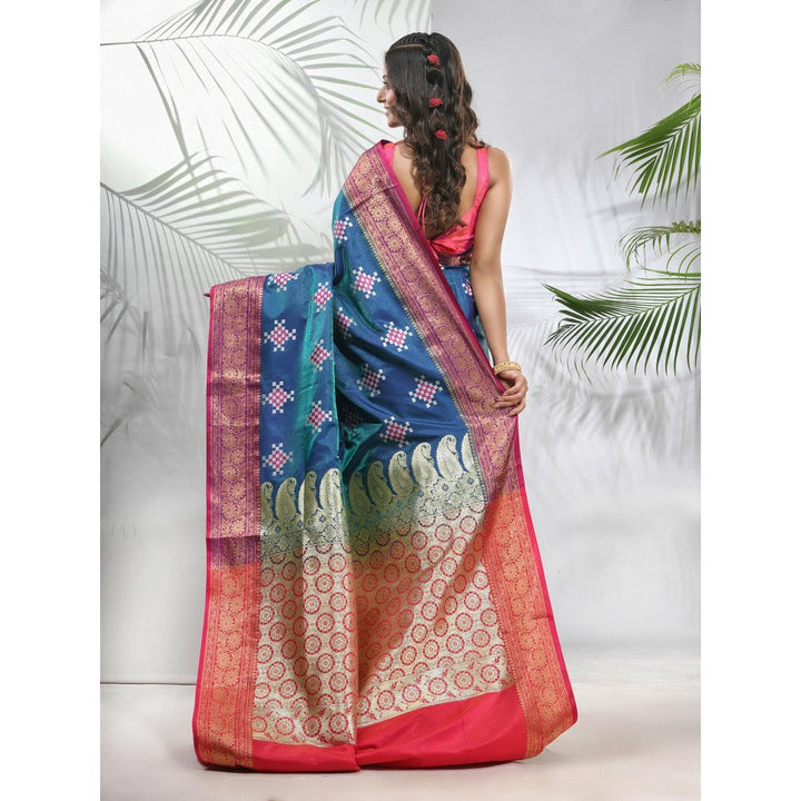 CHARUKRITI Teal Embroidered Motifs Silk Saree with Zari Borders with Unstitched Blouse