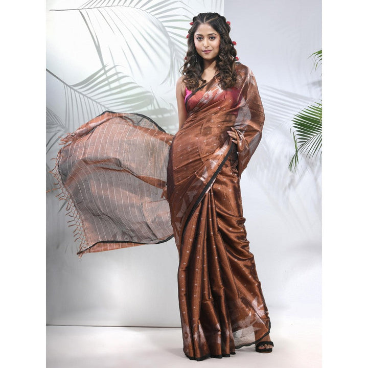 CHARUKRITI Copper Polka Dots Tissue Saree with Stripes Pallu with Unstitched Blouse