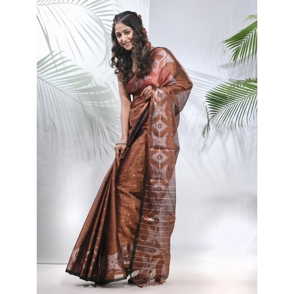 CHARUKRITI Copper Polka Dots Tissue Saree with Stripes Pallu with Unstitched Blouse