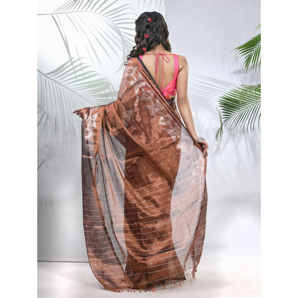 CHARUKRITI Copper Polka Dots Tissue Saree with Stripes Pallu with Unstitched Blouse