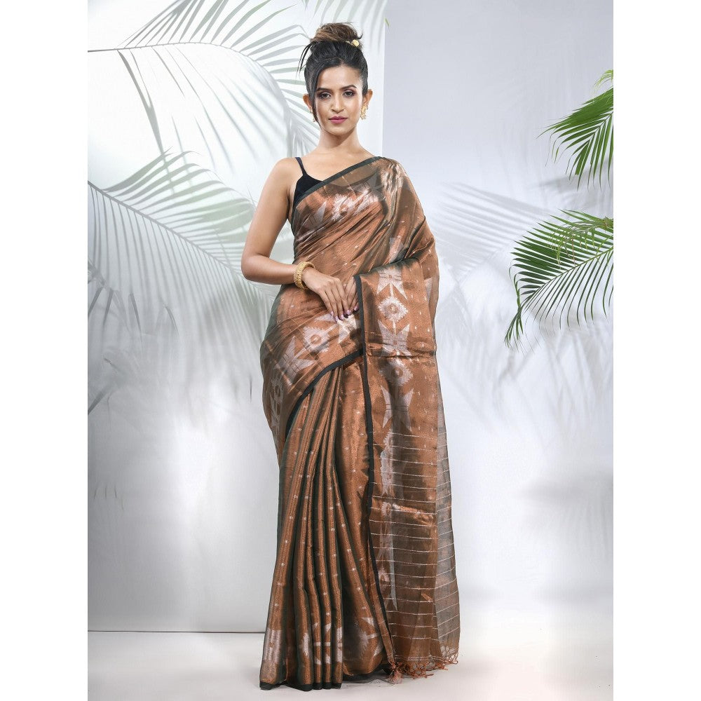 CHARUKRITI Copper Polka Dots Tissue Saree with Stripes Pallu with Unstitched Blouse