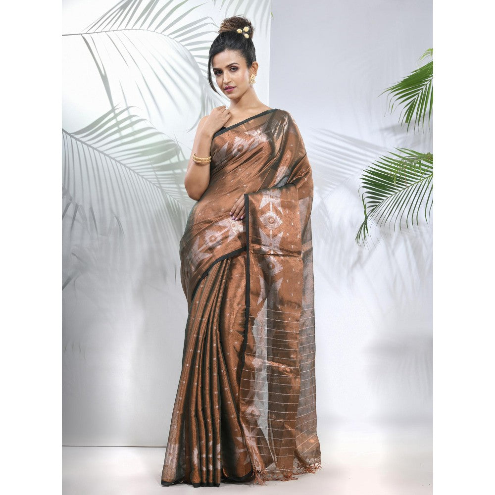 CHARUKRITI Copper Polka Dots Tissue Saree with Stripes Pallu with Unstitched Blouse