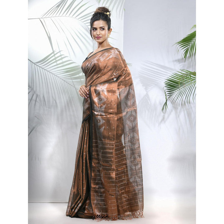 CHARUKRITI Copper Polka Dots Tissue Saree with Stripes Pallu with Unstitched Blouse