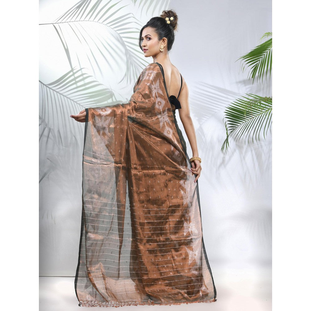 CHARUKRITI Copper Polka Dots Tissue Saree with Stripes Pallu with Unstitched Blouse