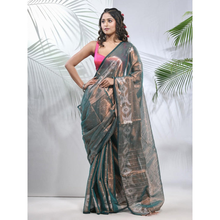 CHARUKRITI Teal Polka Dots Tissue Saree with Stripes Pallu with Unstitched Blouse