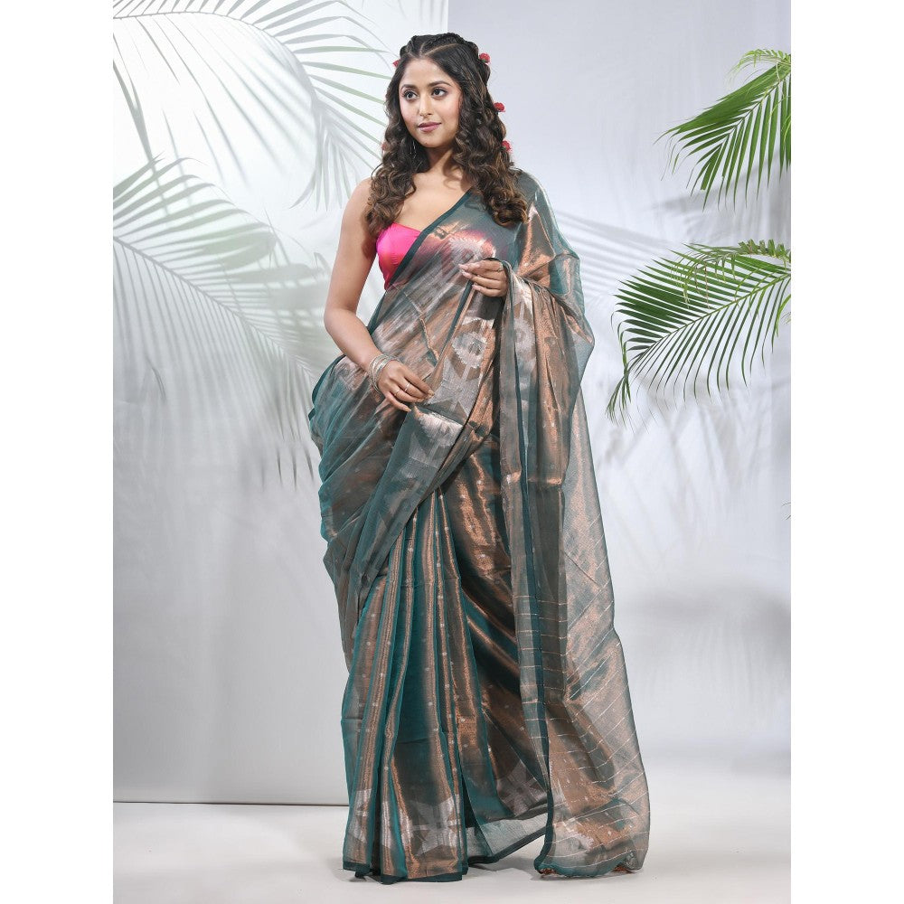 CHARUKRITI Teal Polka Dots Tissue Saree with Stripes Pallu with Unstitched Blouse