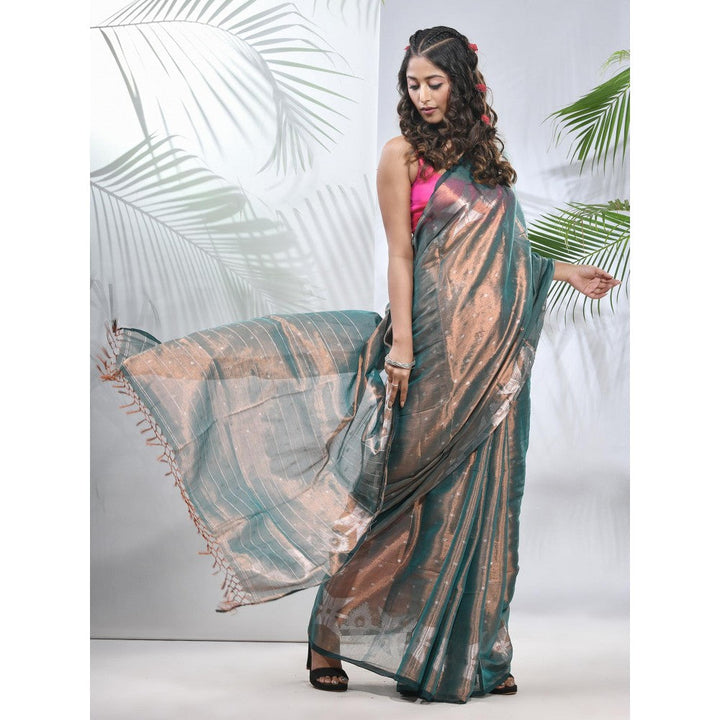 CHARUKRITI Teal Polka Dots Tissue Saree with Stripes Pallu with Unstitched Blouse