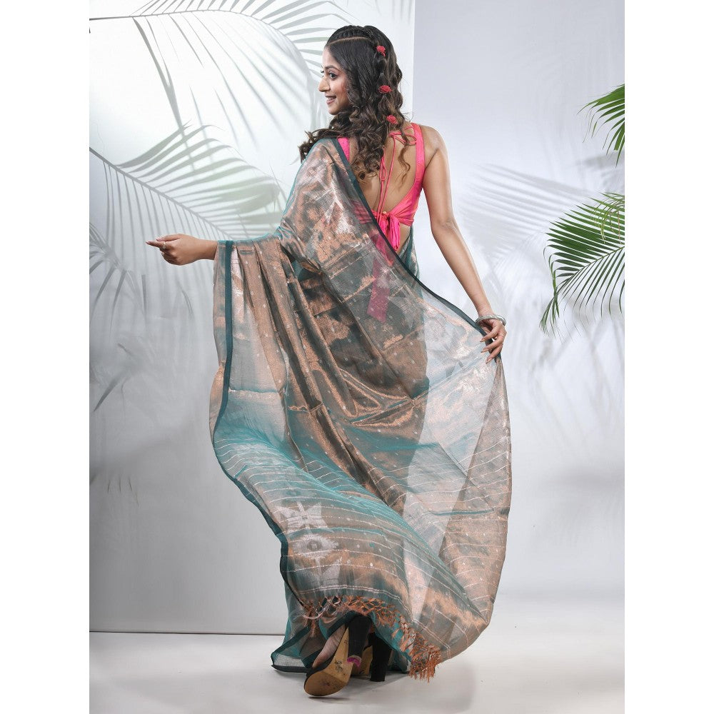 CHARUKRITI Teal Polka Dots Tissue Saree with Stripes Pallu with Unstitched Blouse