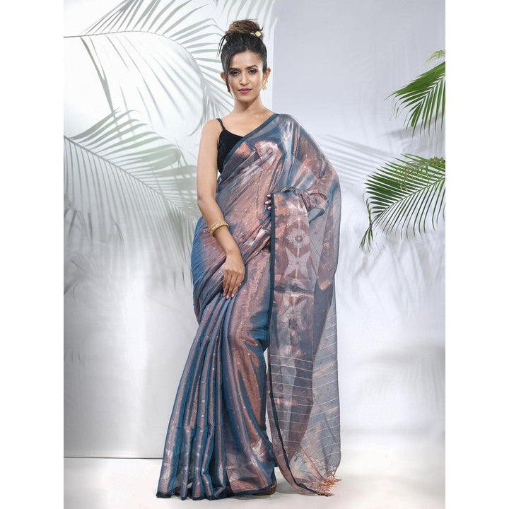 CHARUKRITI Blue Polka Dots Tissue Saree with Stripes Pallu with Unstitched Blouse