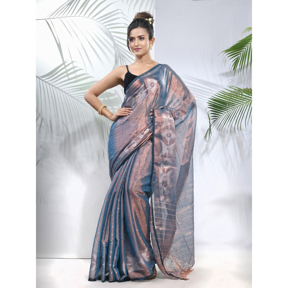 CHARUKRITI Blue Polka Dots Tissue Saree with Stripes Pallu with Unstitched Blouse