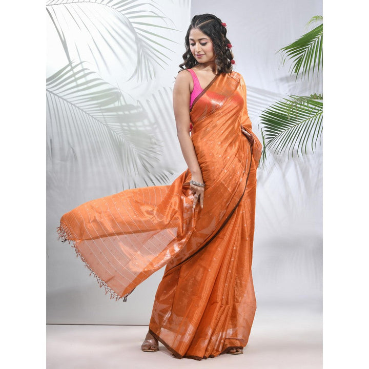 CHARUKRITI Orange Polka Dots Tissue Saree with Stripes Pallu with Unstitched Blouse