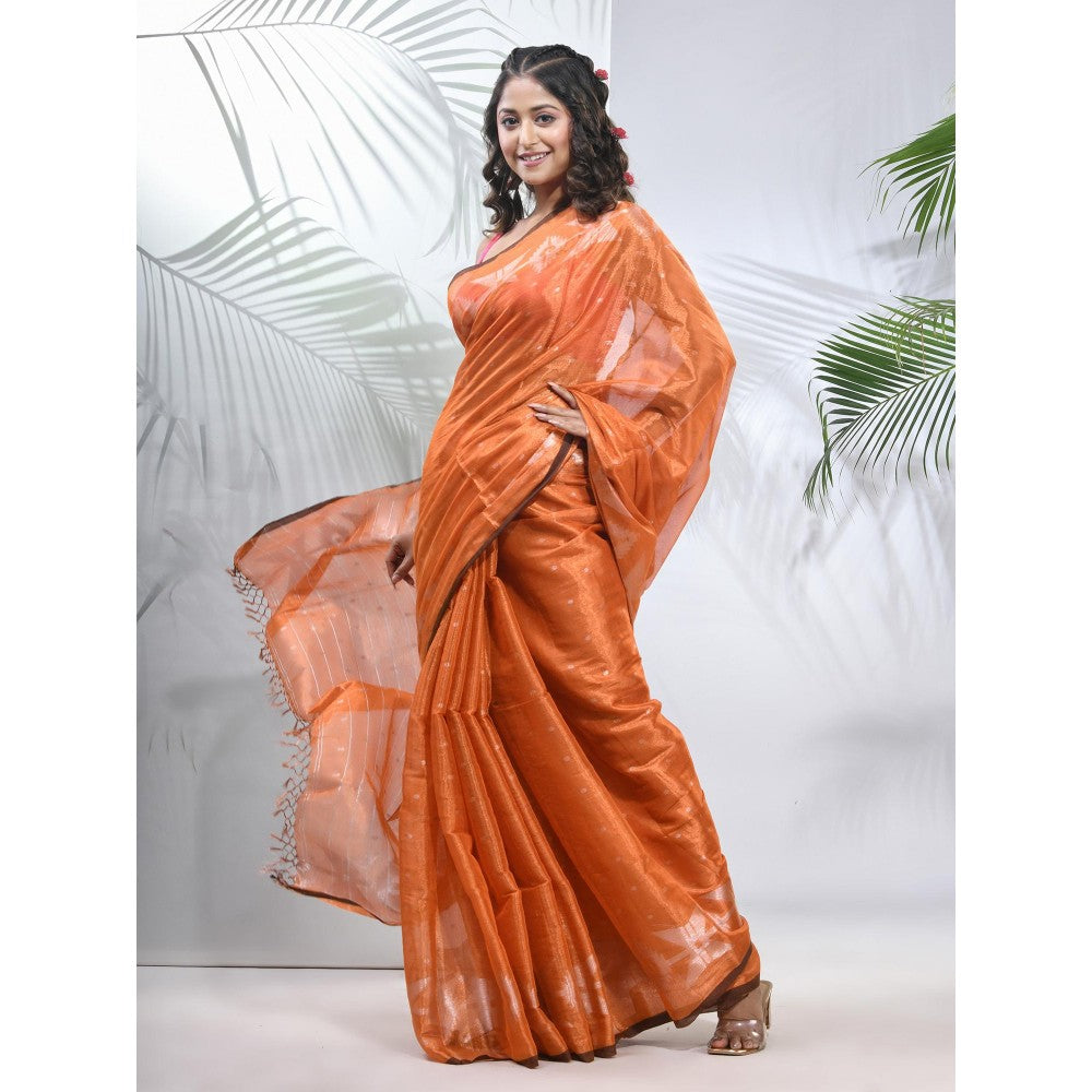 CHARUKRITI Orange Polka Dots Tissue Saree with Stripes Pallu with Unstitched Blouse