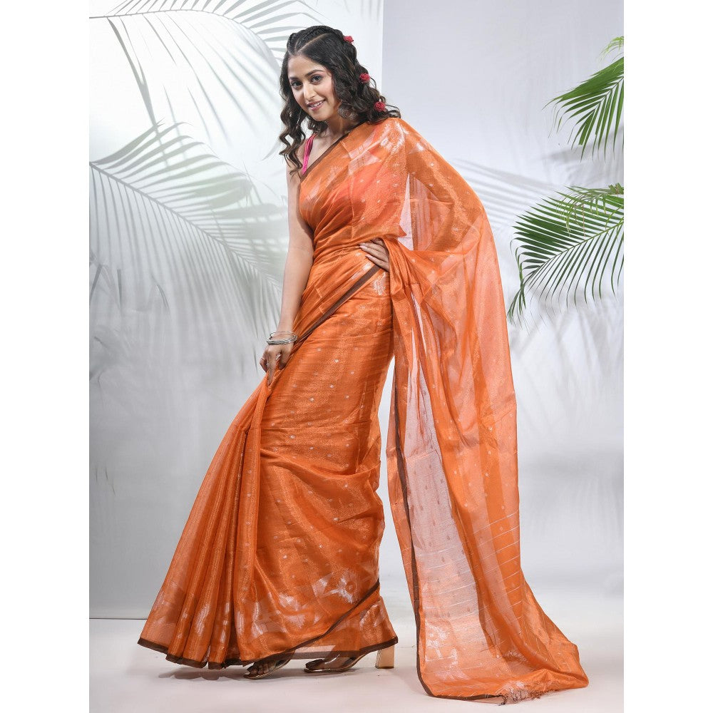 CHARUKRITI Orange Polka Dots Tissue Saree with Stripes Pallu with Unstitched Blouse