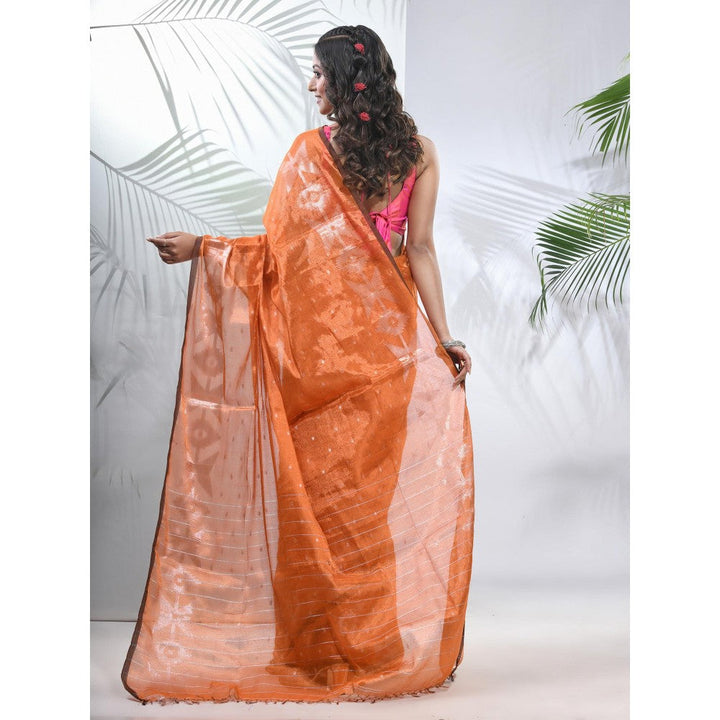 CHARUKRITI Orange Polka Dots Tissue Saree with Stripes Pallu with Unstitched Blouse