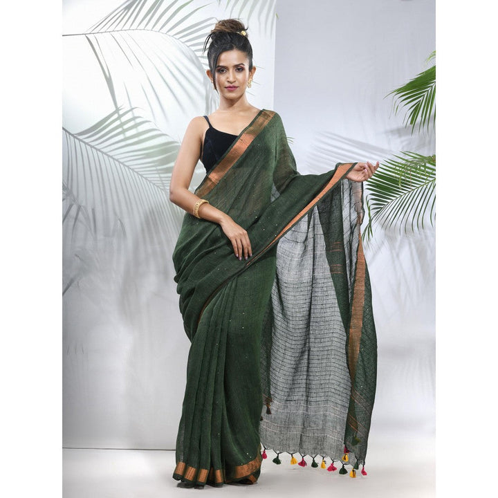 CHARUKRITI Forest Green Linen Saree with Sequined Work in Stripes Pallu with Unstitched Blouse