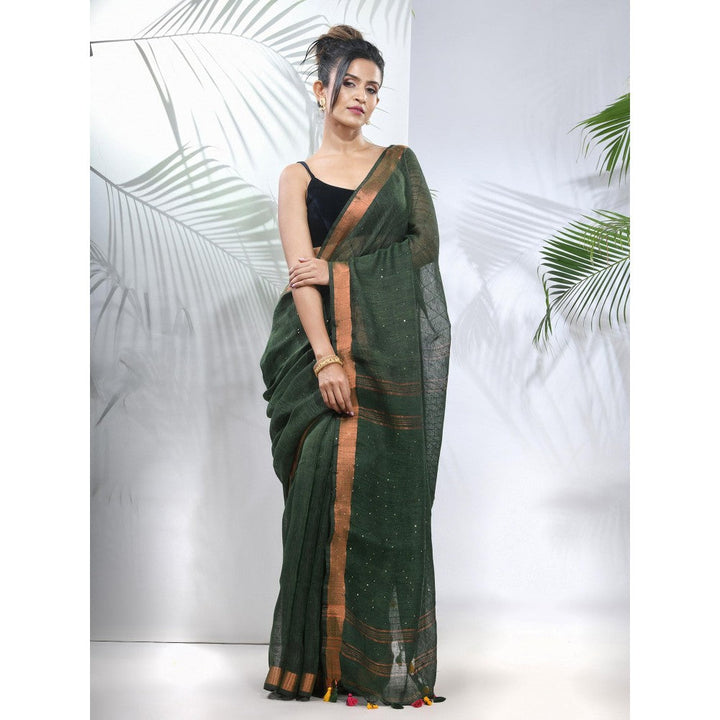 CHARUKRITI Forest Green Linen Saree with Sequined Work in Stripes Pallu with Unstitched Blouse