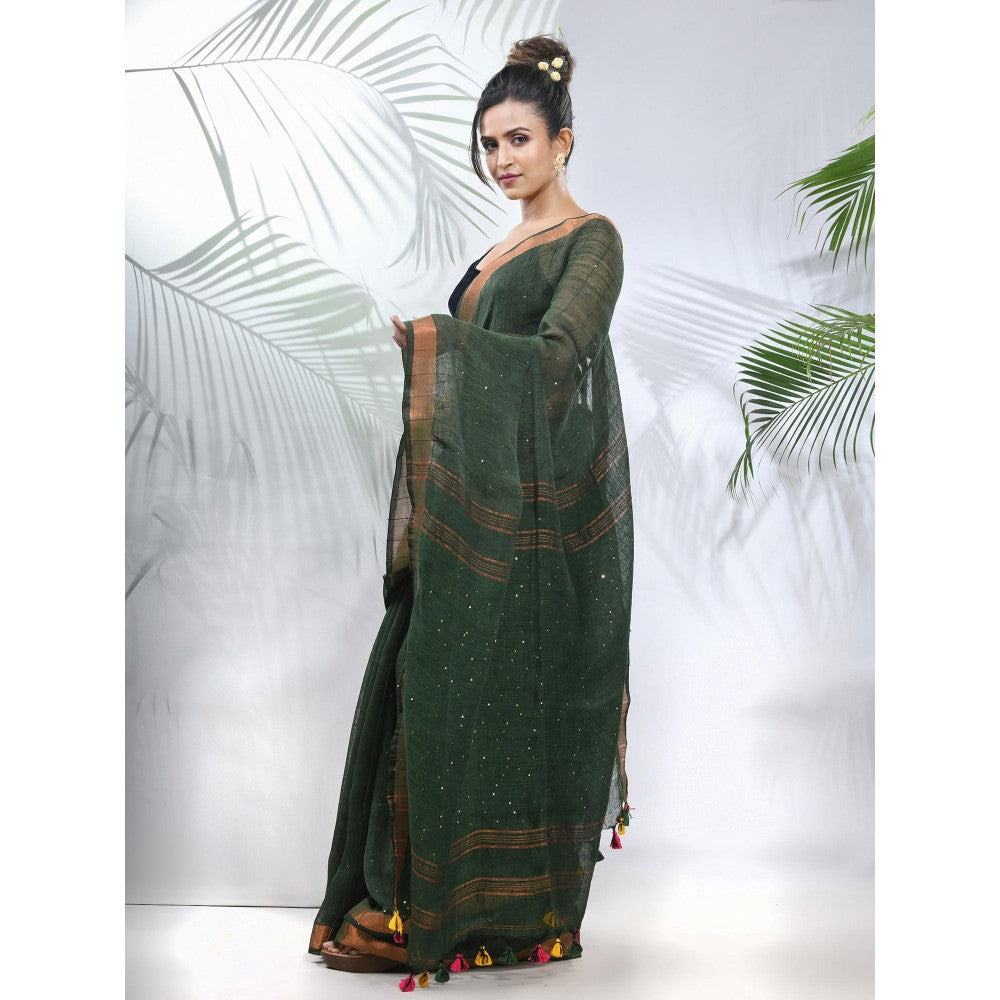 CHARUKRITI Forest Green Linen Saree with Sequined Work in Stripes Pallu with Unstitched Blouse