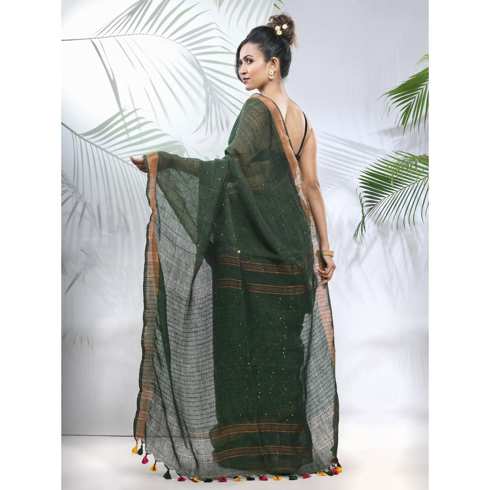 CHARUKRITI Forest Green Linen Saree with Sequined Work in Stripes Pallu with Unstitched Blouse