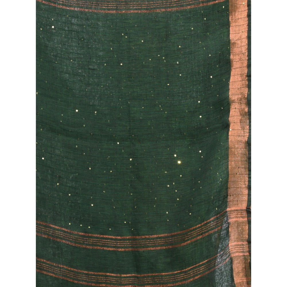 CHARUKRITI Forest Green Linen Saree with Sequined Work in Stripes Pallu with Unstitched Blouse