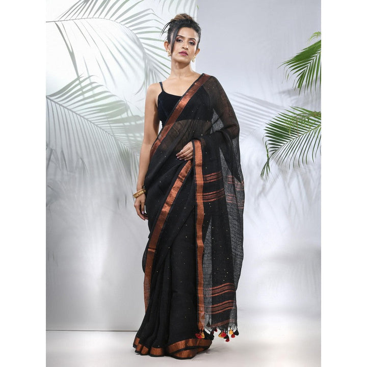 CHARUKRITI Black Linen Saree with Sequined Work in Stripes Pallu with Unstitched Blouse