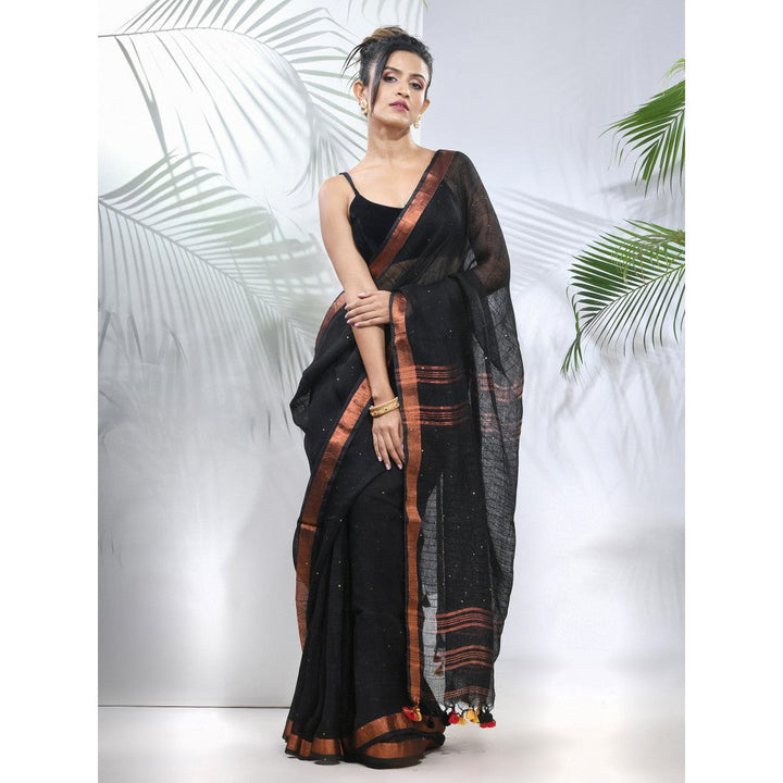 CHARUKRITI Black Linen Saree with Sequined Work in Stripes Pallu with Unstitched Blouse