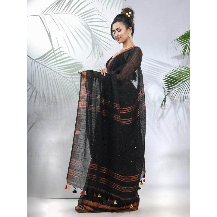 CHARUKRITI Black Linen Saree with Sequined Work in Stripes Pallu with Unstitched Blouse