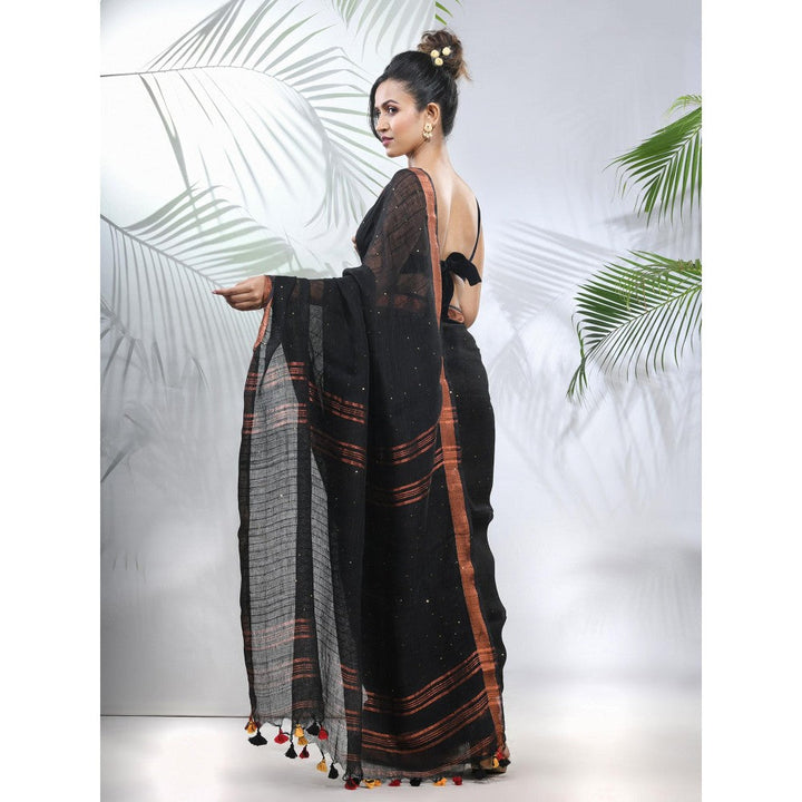 CHARUKRITI Black Linen Saree with Sequined Work in Stripes Pallu with Unstitched Blouse